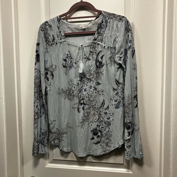 Lucky brand women’s size small long sleeve floral light blue peasant top - Picture 1 of 11